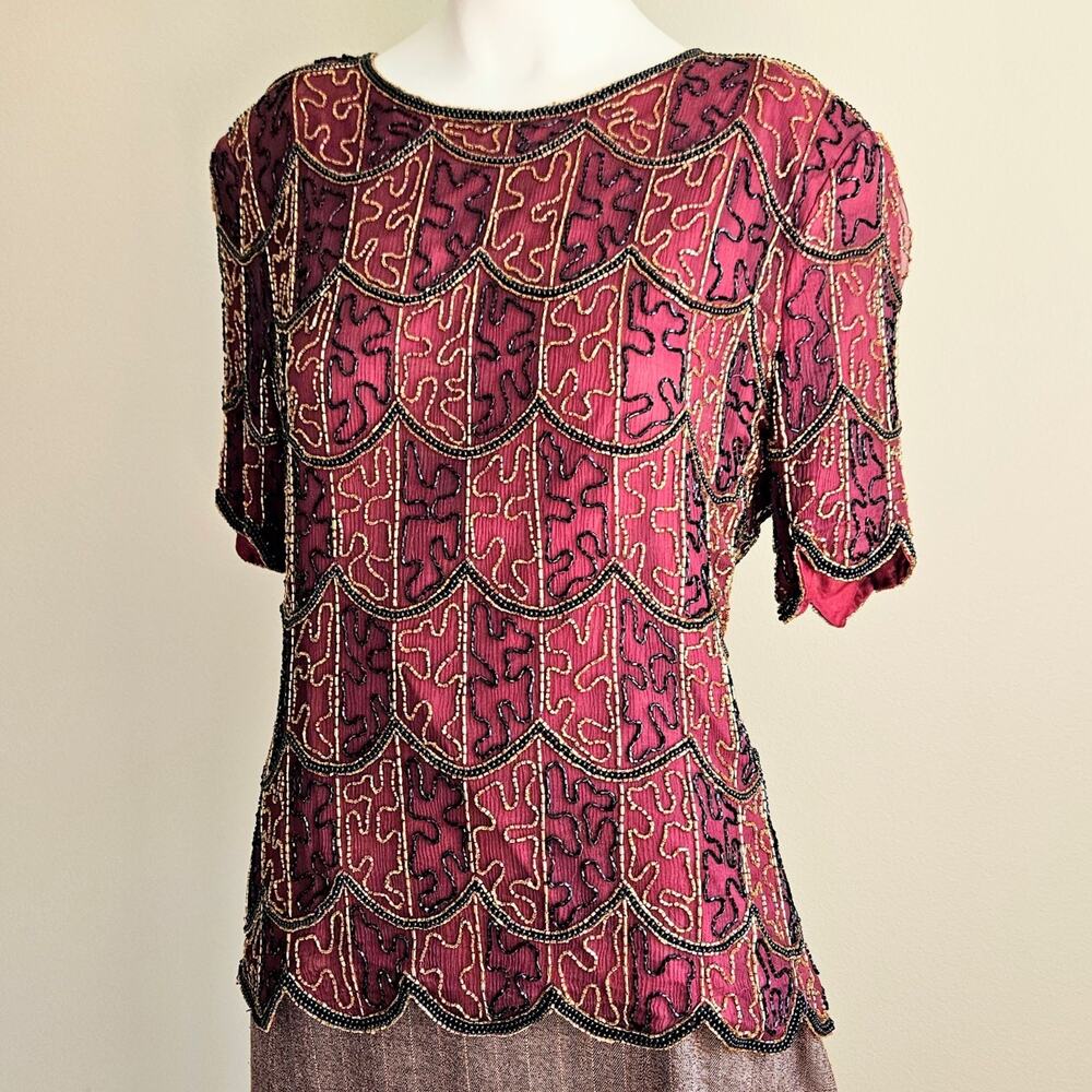 Vintage Womens Top Size XL Beaded Abstract Pattern Pure Silk Autumn Whimsigoth